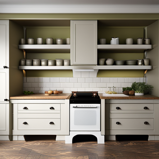 A stylish kitchen featuring neutral cabinets, open shelving, and a white stove, complemented by wooden countertops and a simple, organized layout.